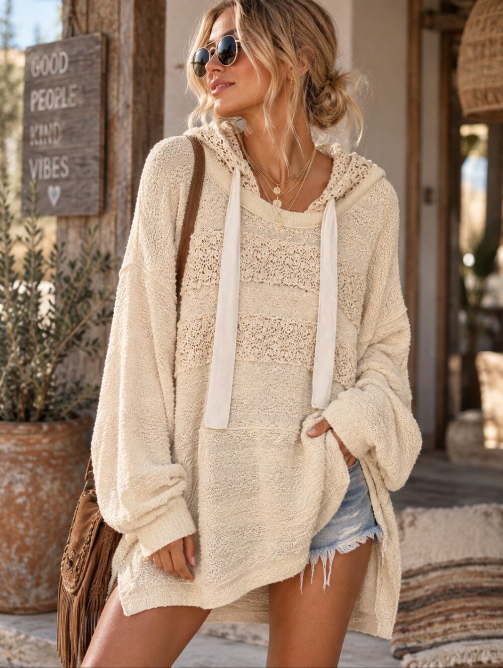 FREE PEOPLE Candy Crochet Hoodie Womens Small Ivory Oversized Boho Tunic NWT